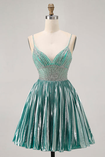 Metallic Satin Green A Line Spaghetti Straps Sequins Short Homecoming Dress
